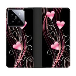 Housse cuir portefeuille Pour Xiaomi 14 Amour Coeur Rose Montant sur Noir