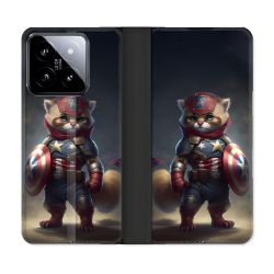 Housse cuir portefeuille Pour Xiaomi 14 Animal Chat America
