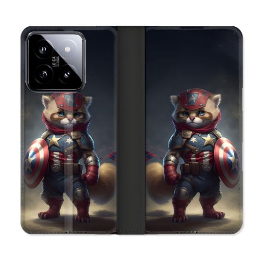 Housse cuir portefeuille Pour Xiaomi 14 Animal Chat America
