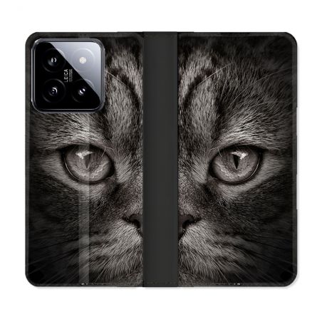 Housse cuir portefeuille Pour Xiaomi 14 Animal Chat Gris