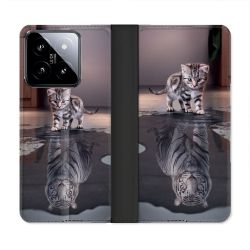 Housse cuir portefeuille Pour Xiaomi 14 Animal Chat Reflet