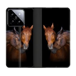 Housse cuir portefeuille Pour Xiaomi 14 Animal Cheval Marron