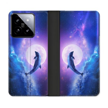 Housse cuir portefeuille Pour Xiaomi 14 Animal Dauphin Vague