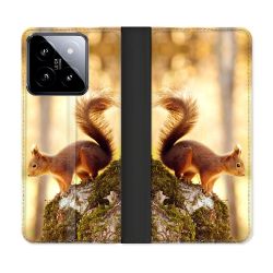 Housse cuir portefeuille Pour Xiaomi 14 Animal Ecureuil Bois