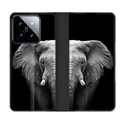 Housse cuir portefeuille Pour Xiaomi 14 Animal Elephant Noir