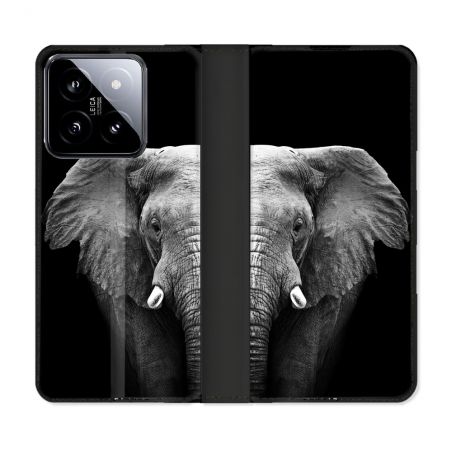 Housse cuir portefeuille Pour Xiaomi 14 Animal Elephant Noir