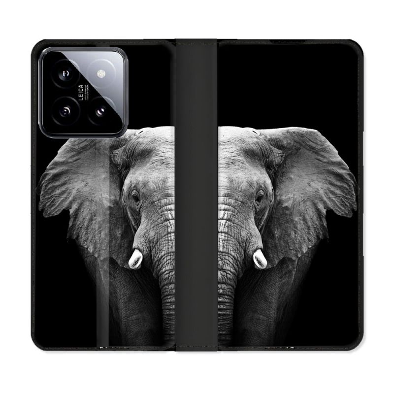 Housse cuir portefeuille Pour Xiaomi 14 Animal Elephant Noir
