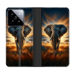 Housse cuir portefeuille Pour Xiaomi 14 Animal Elephant Savane