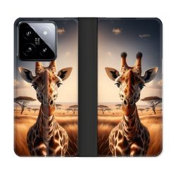 Housse cuir portefeuille Pour Xiaomi 14 Animal Girafe Savane