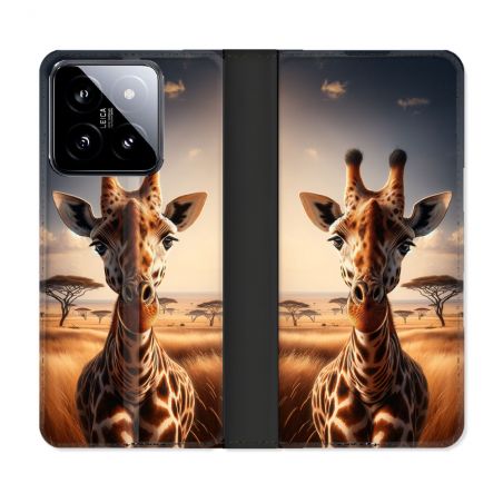 Housse cuir portefeuille Pour Xiaomi 14 Animal Girafe Savane