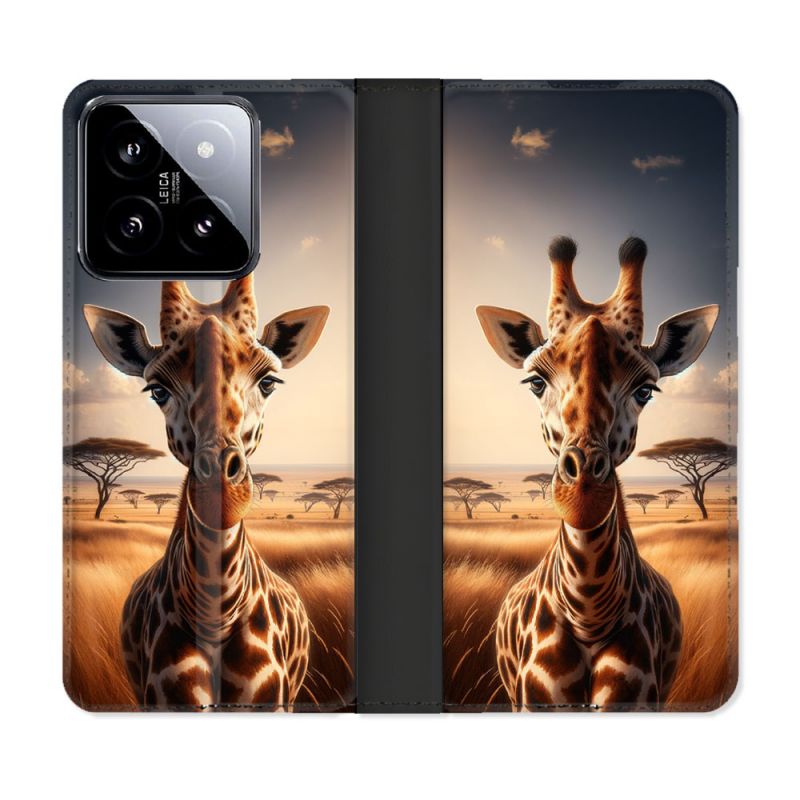 Housse cuir portefeuille Pour Xiaomi 14 Animal Girafe Savane