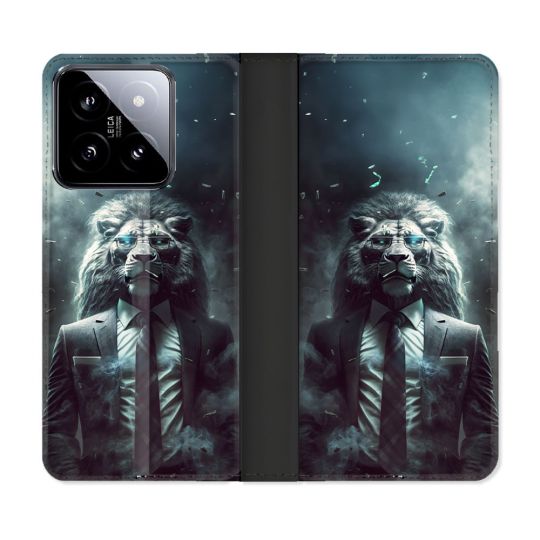 Housse cuir portefeuille Pour Xiaomi 14 Animal Lion Business