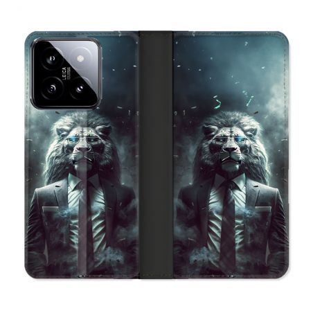 Housse cuir portefeuille Pour Xiaomi 14 Animal Lion Business