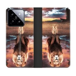 Housse cuir portefeuille Pour Xiaomi 14 Animal Lion Reflet
