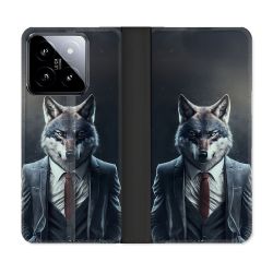 Housse cuir portefeuille Pour Xiaomi 14 Animal Loup Business