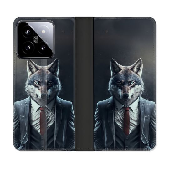 Housse cuir portefeuille Pour Xiaomi 14 Animal Loup Business