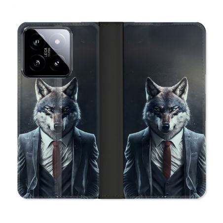 Housse cuir portefeuille Pour Xiaomi 14 Animal Loup Business