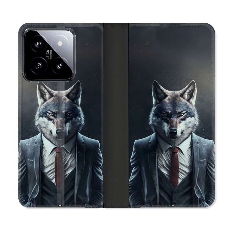 Housse cuir portefeuille Pour Xiaomi 14 Animal Loup Business