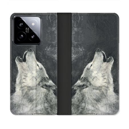 Housse cuir portefeuille Pour Xiaomi 14 Animal Loup Hurlement