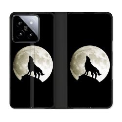 Housse cuir portefeuille Pour Xiaomi 14 Animal Loup Noir