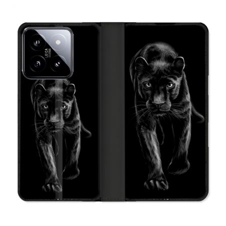 Housse cuir portefeuille Pour Xiaomi 14 Animal Panthère Noire