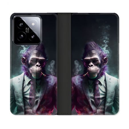 Housse cuir portefeuille Pour Xiaomi 14 Animal Singe Business
