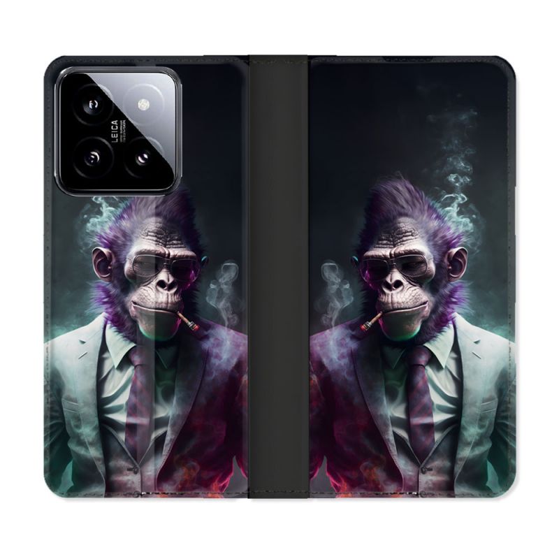 Housse cuir portefeuille Pour Xiaomi 14 Animal Singe Business