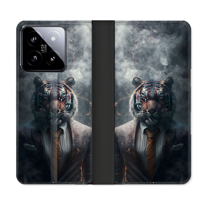 Housse cuir portefeuille Pour Xiaomi 14 Animal Tigre Business