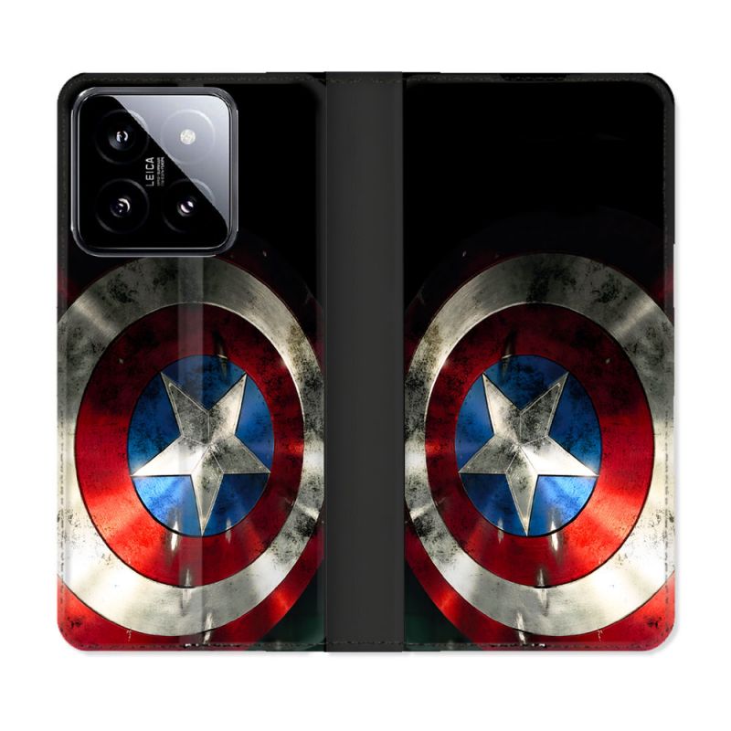 Housse cuir portefeuille Pour Xiaomi 14 Captain America Bouclier