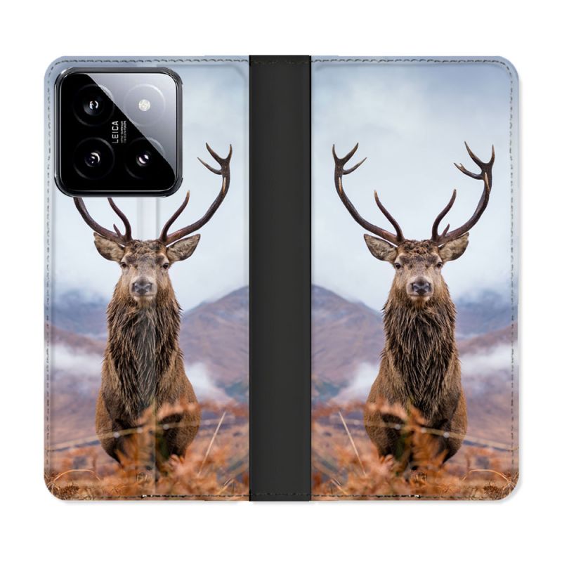Housse cuir portefeuille Pour Xiaomi 14 Chasse Chevreuil Montagne