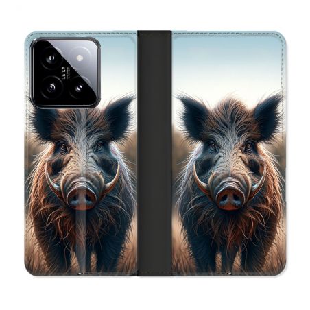 Housse cuir portefeuille Pour Xiaomi 14 Chasse Sanglier Attaque
