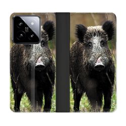 Housse cuir portefeuille Pour Xiaomi 14 Chasse Sanglier bois