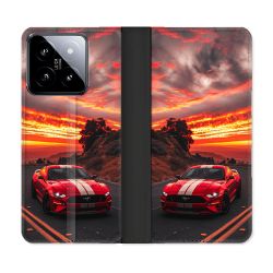 Housse cuir portefeuille Pour Xiaomi 14 Ford Mustang GT500 Rouge