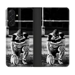 Housse cuir portefeuille Pour Samsung Galaxy A17 5G Sport Rugby Noir Blanc