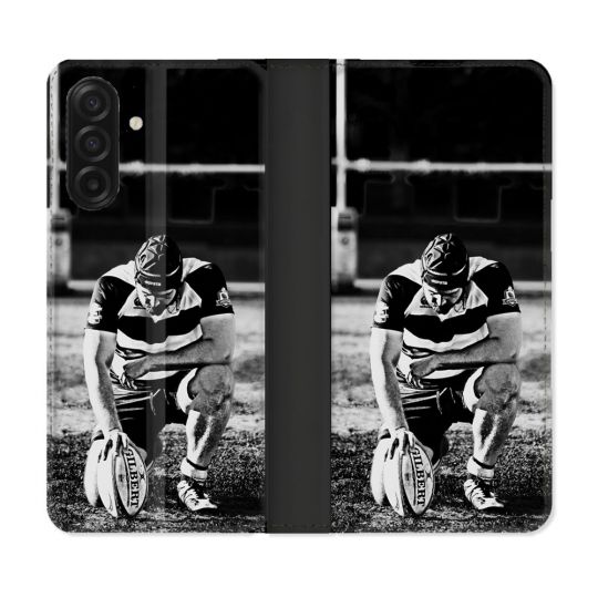 Housse cuir portefeuille Pour Samsung Galaxy A17 5G Sport Rugby Noir Blanc