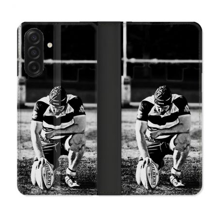 Housse cuir portefeuille Pour Samsung Galaxy A17 5G Sport Rugby Noir Blanc