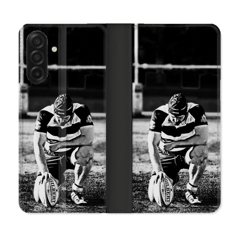 Housse cuir portefeuille Pour Samsung Galaxy A17 5G Sport Rugby Noir Blanc