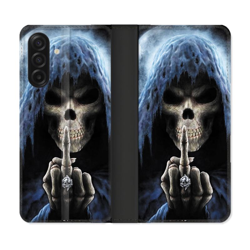 Housse cuir portefeuille Pour Samsung Galaxy A17 5G Tete de Mort Doigt