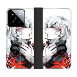 Housse cuir portefeuille Pour Xiaomi 14 Manga Tokyo Ghoul Kaneki Blanc