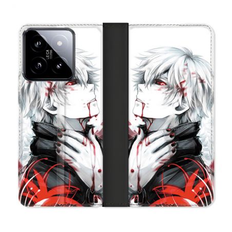 Housse cuir portefeuille Pour Xiaomi 14 Manga Tokyo Ghoul Kaneki Blanc