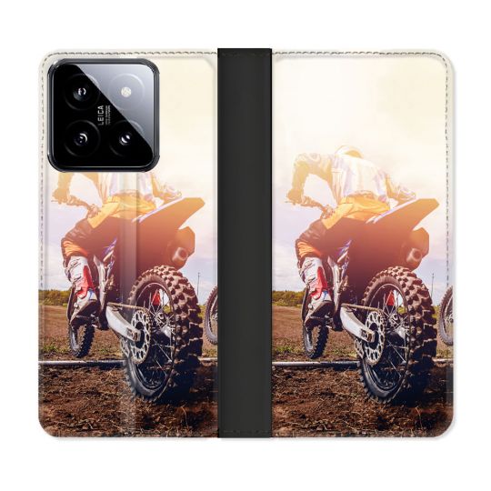 Housse cuir portefeuille Pour Xiaomi 14 Moto Cross Soleil
