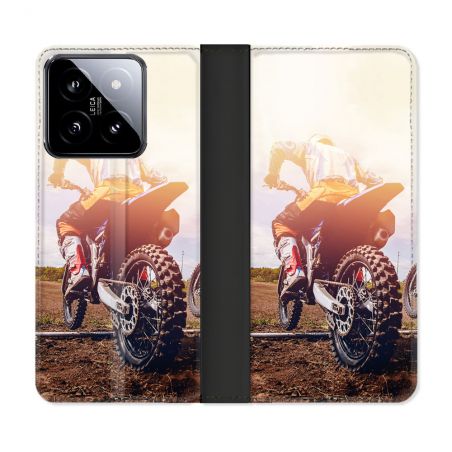 Housse cuir portefeuille Pour Xiaomi 14 Moto Cross Soleil