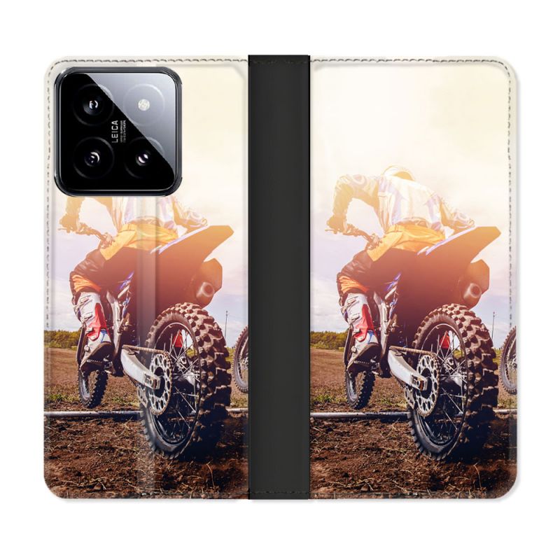 Housse cuir portefeuille Pour Xiaomi 14 Moto Cross Soleil