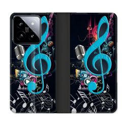 Housse cuir portefeuille Pour Xiaomi 14 Musique Cle Sol Bleu