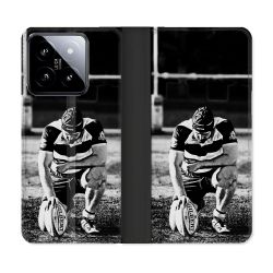 Housse cuir portefeuille Pour Xiaomi 14 Sport Rugby Noir Blanc