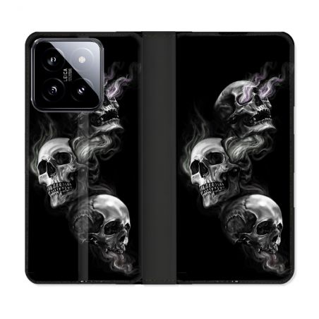Housse cuir portefeuille Pour Xiaomi 14 Tete de Mort Triple