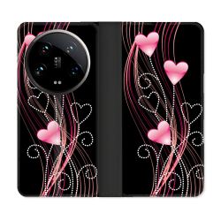 Housse cuir portefeuille Pour Xiaomi 14 Ultra Amour Coeur Rose Montant sur Noir