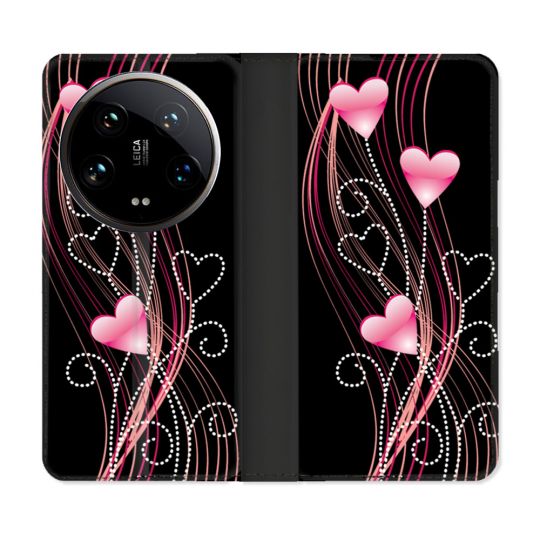 Housse cuir portefeuille Pour Xiaomi 14 Ultra Amour Coeur Rose Montant sur Noir