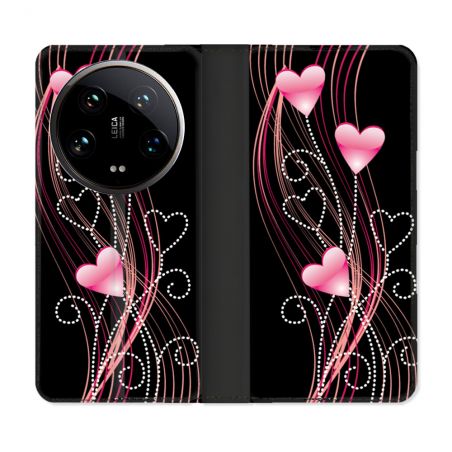 Housse cuir portefeuille Pour Xiaomi 14 Ultra Amour Coeur Rose Montant sur Noir