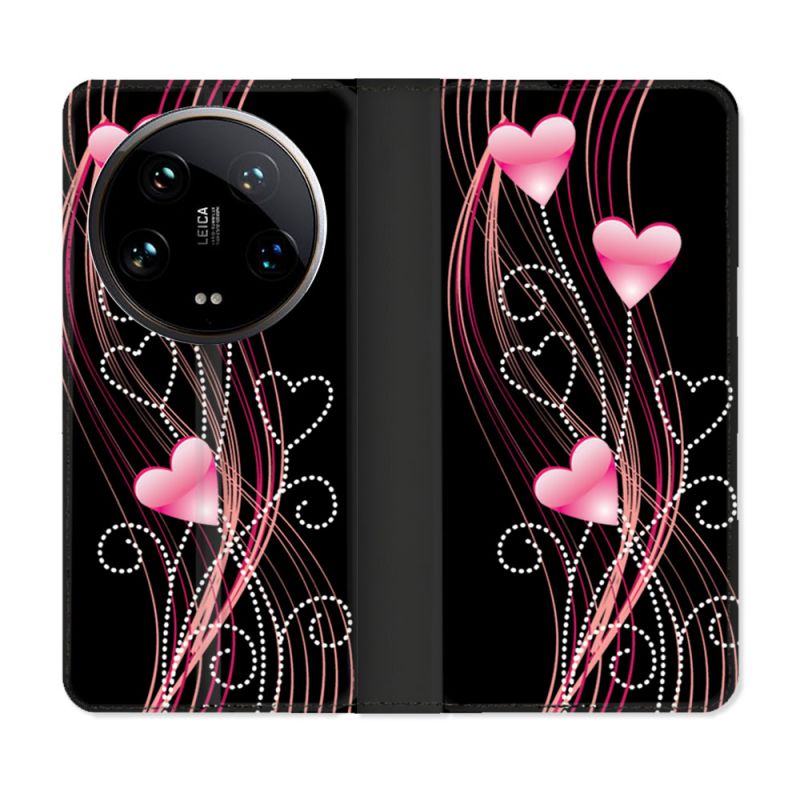 Housse cuir portefeuille Pour Xiaomi 14 Ultra Amour Coeur Rose Montant sur Noir